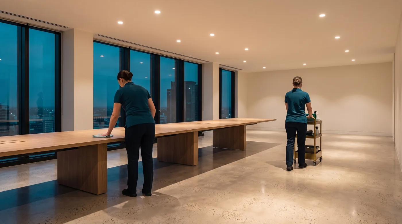 Two cleaners working through a large office after hours, one wiping down a long table