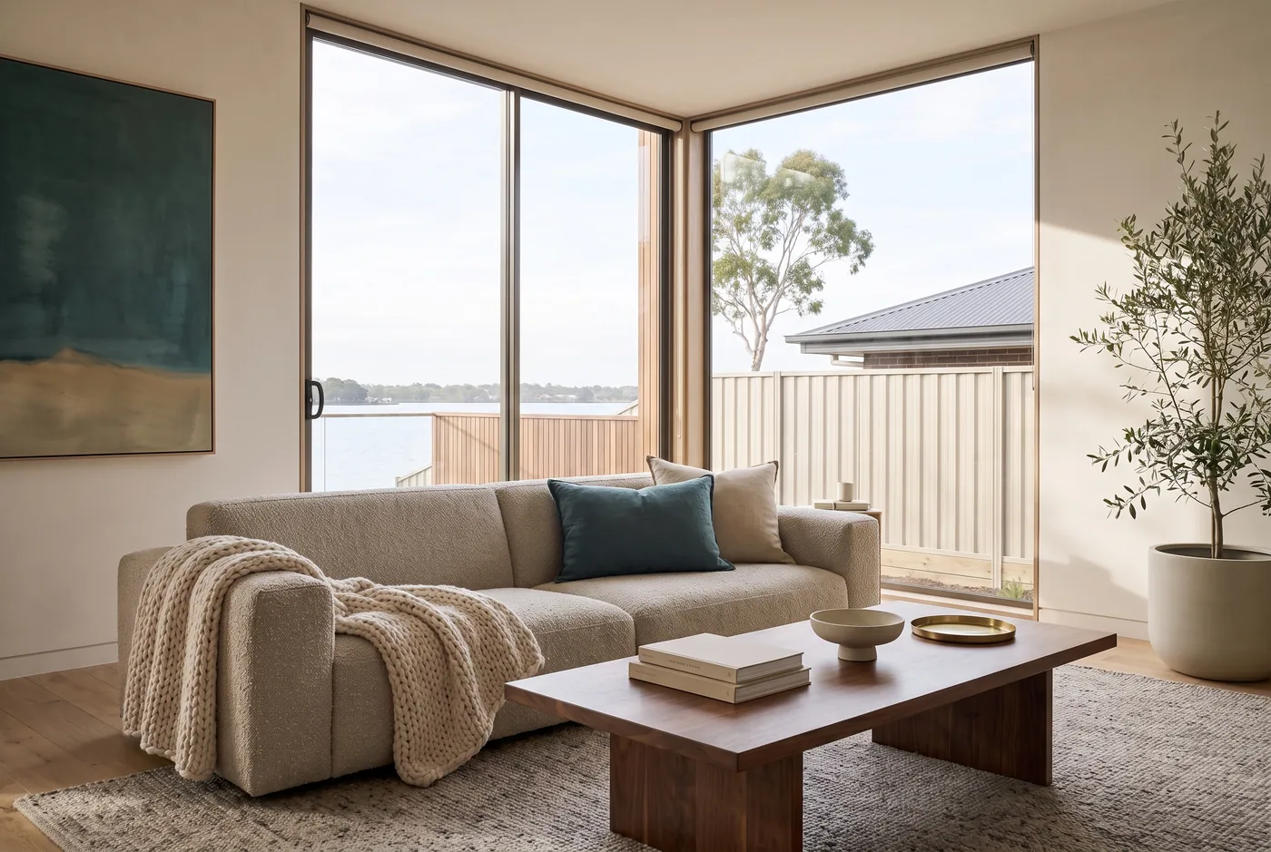 A sunlit living room looking out to the water, surfaces clear and floors detailed