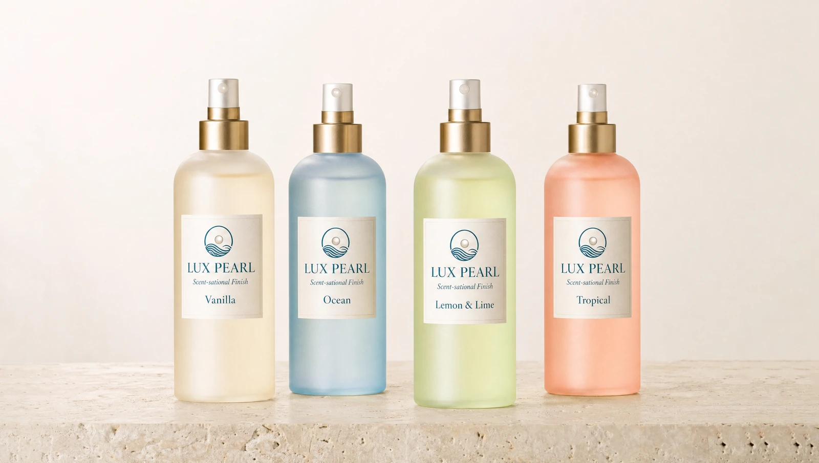 Four Lux Pearl Scent-sational Finish fragrance concepts: cream Vanilla, blue Ocean, green Lemon & lime, and coral Tropical.